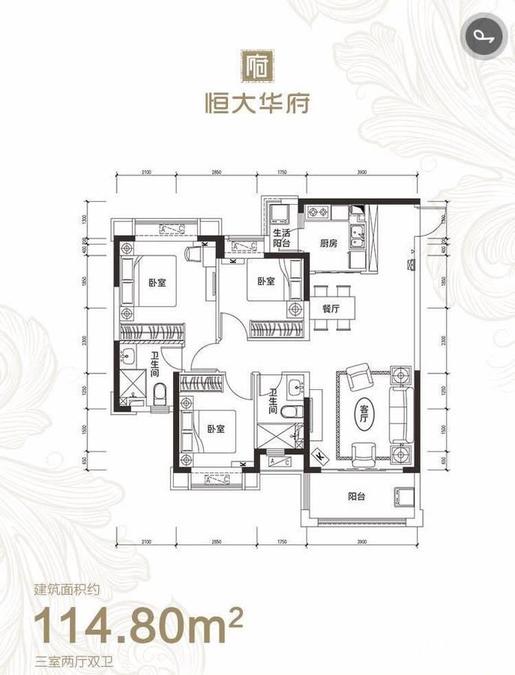 南充南充恒大华府114.802户型图_首付金额_3室2厅2卫