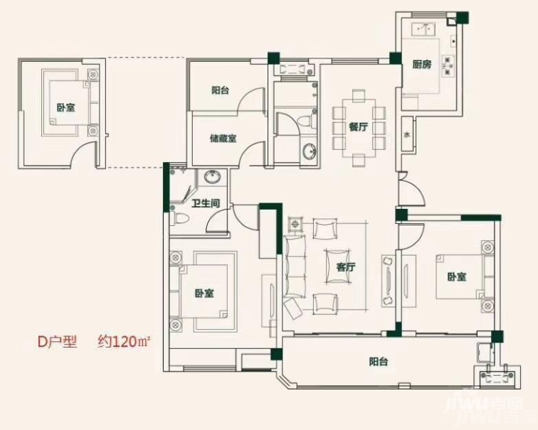 明发碧桂园桃源观澜4室2厅2卫120平D户型图