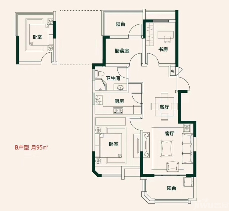 明发碧桂园桃源观澜3室2厅1卫95平B户型图