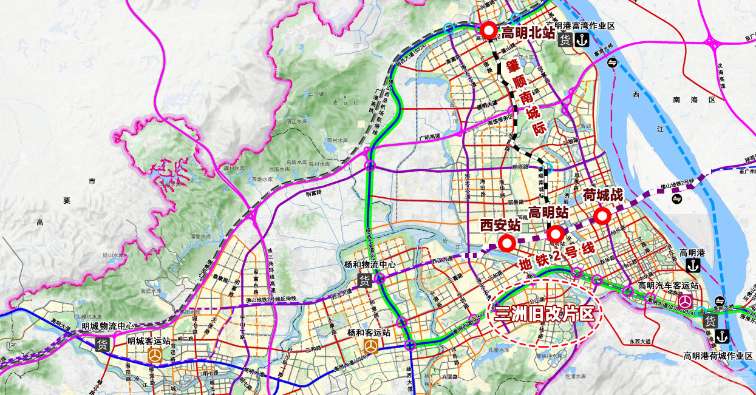 未来,肇顺南城际,地铁2号线将在高明站交汇,其与三洲旧改片区距离