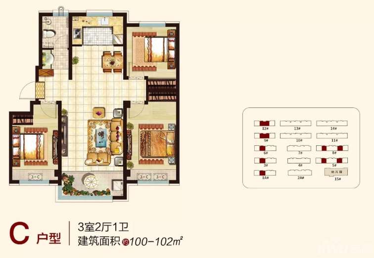 日照小区兴业凯莱花园c户型100-102㎡全能三居