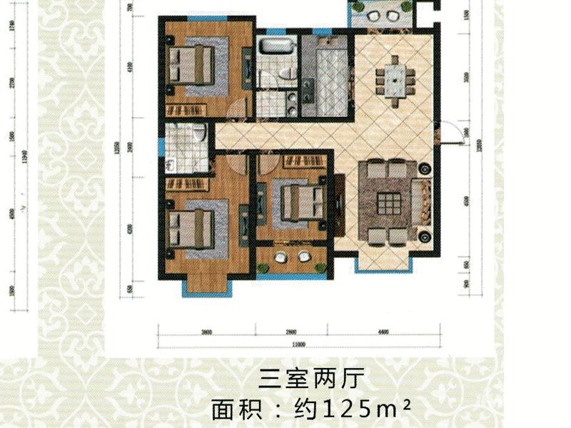 龙悦湾3室2厅2卫125㎡户型图
