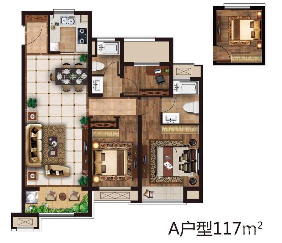 港龙太湖天萃3室2厅2卫117㎡户型图