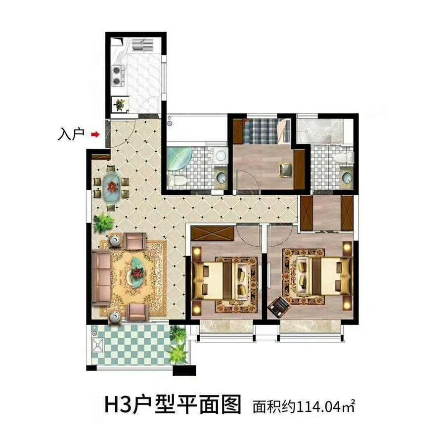 康辉牡丹园3室2厅2卫114㎡户型图