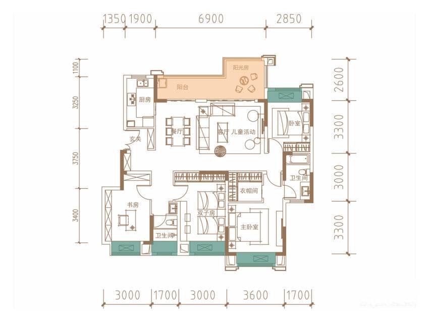 蓝光观岭国际社区翡翠湾4室2厅2卫134.3㎡户型图