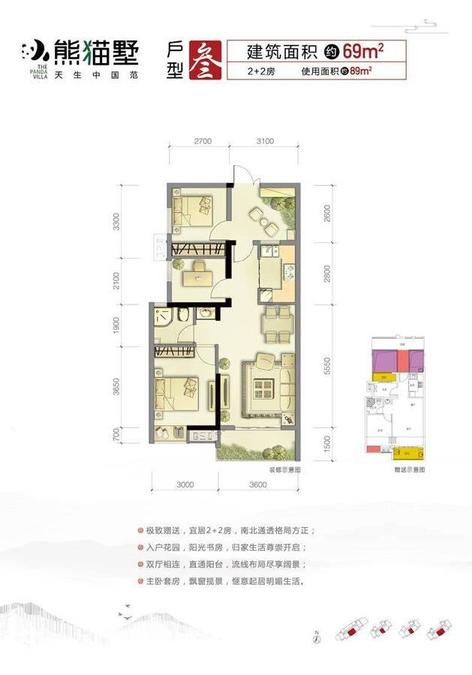 大唐世家熊猫墅2室2厅1卫69㎡户型图