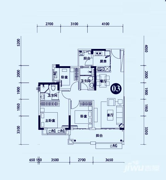 敏捷水映澜山3室2厅2卫94.9㎡户型图