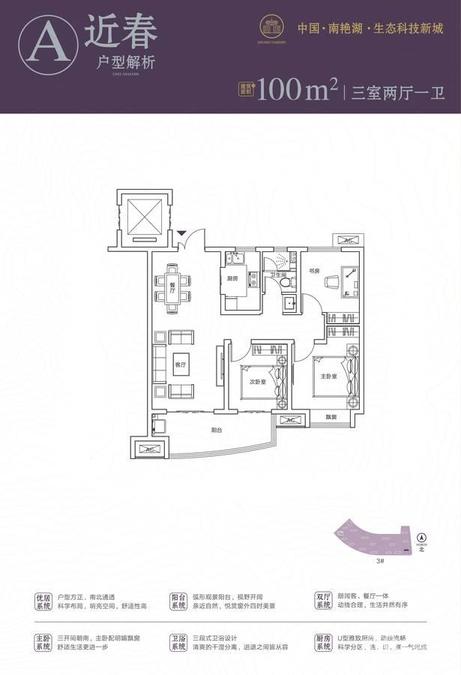 合肥启迪科技城水木园3室2厅1卫100㎡户型图