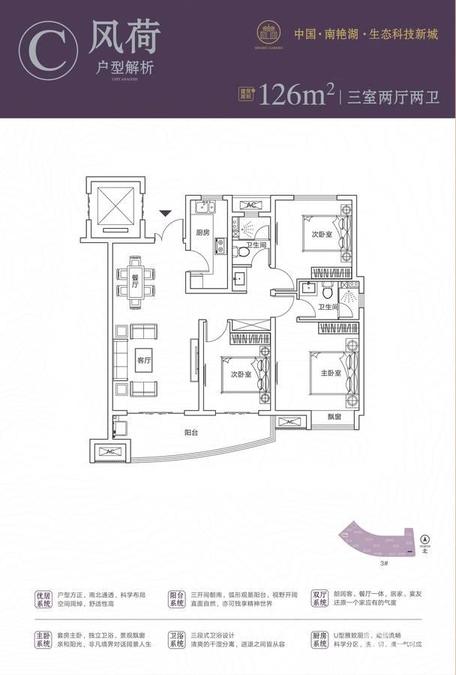 合肥启迪科技城水木园3室2厅2卫126㎡户型图