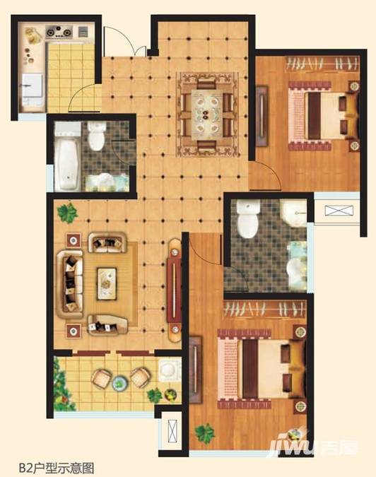 荔湾城润都府2室2厅2卫107.3㎡户型图