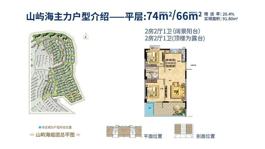 中铁置业厦门湾2室2厅1卫66㎡户型图