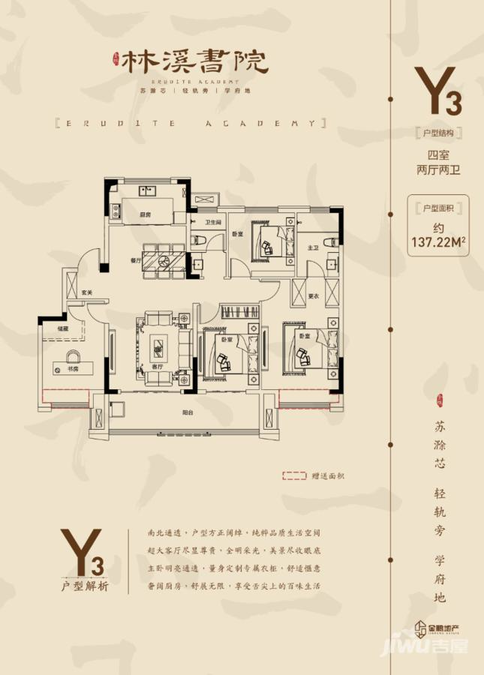 金鹏林溪书院3室2厅2卫137.2㎡户型图