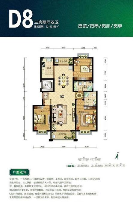 金鑫学苑花都3室2厅2卫143.6㎡户型图