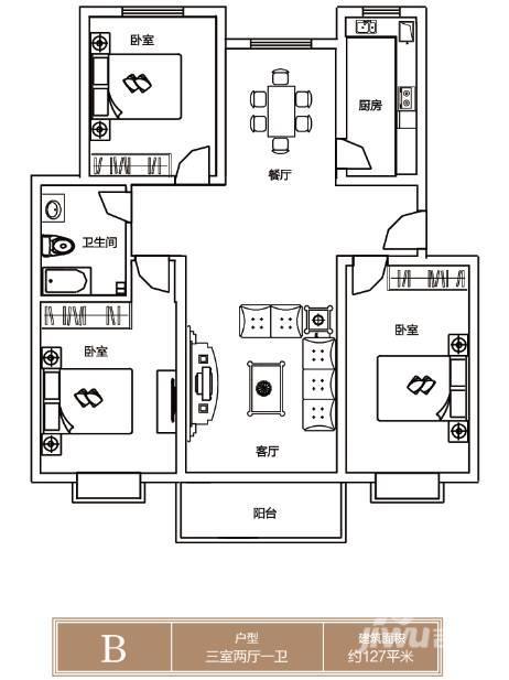 国龙白云花园3室2厅1卫127㎡户型图