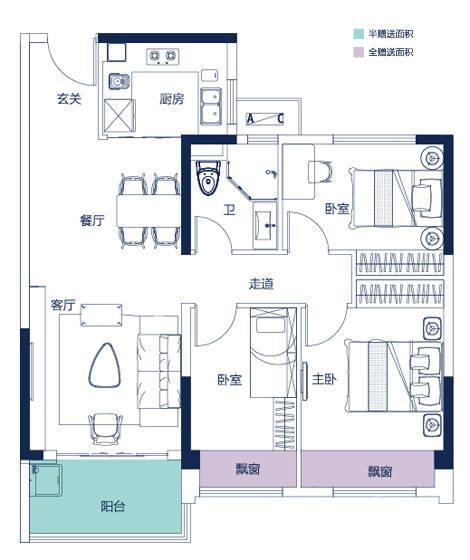 碧桂园中央公园3室2厅1卫98㎡户型图