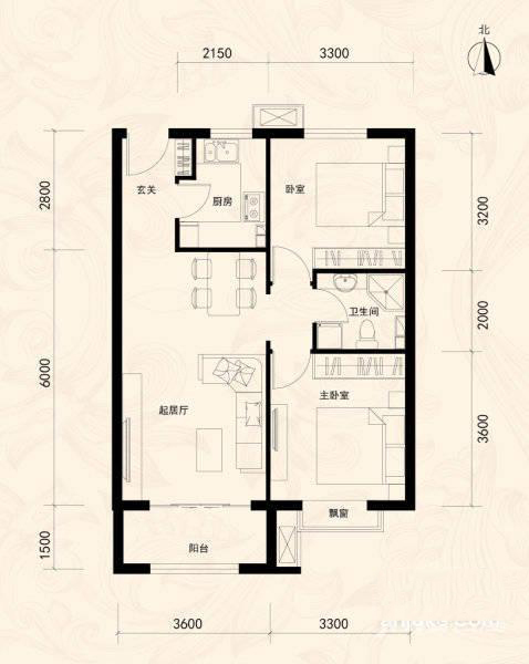 京汉铂寓2室2厅1卫89㎡户型图