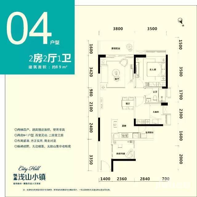 恒鑫浅山小镇2室2厅1卫89㎡户型图