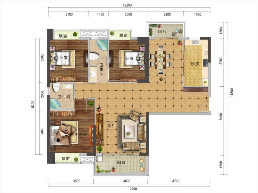 西城国际商业中心公寓3室2厅2卫121.8㎡户型图