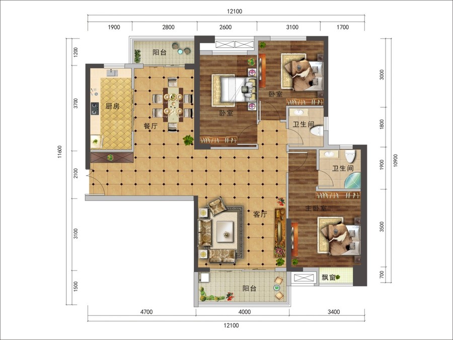 西城国际商业中心公寓3室2厅2卫119.8㎡户型图