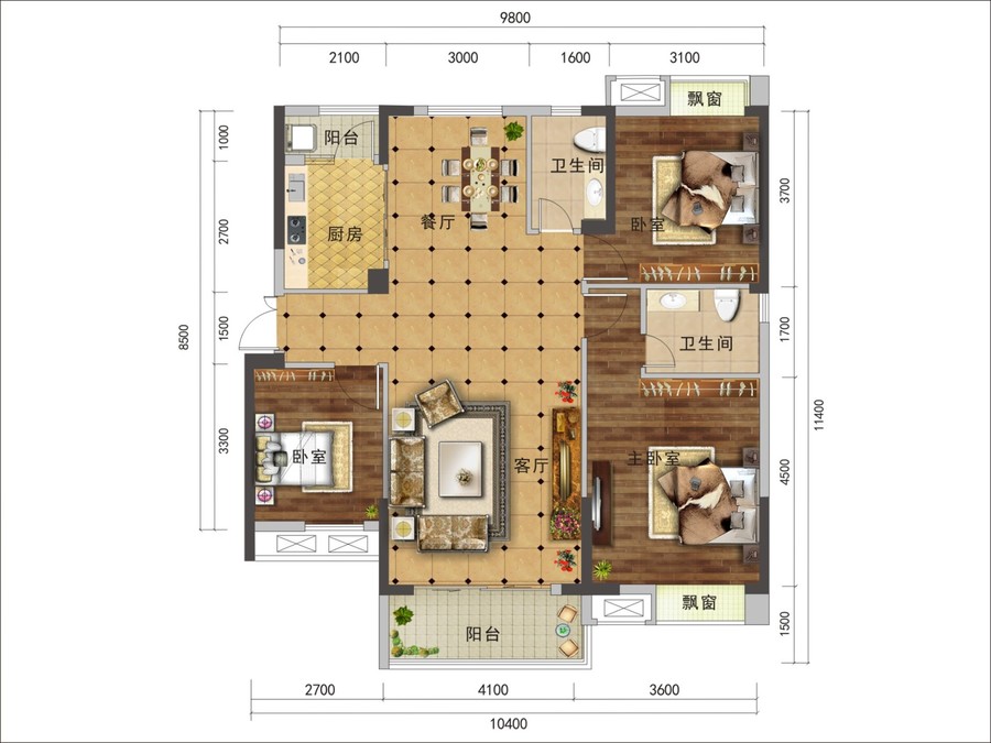 西城国际商业中心公寓3室2厅2卫124.4㎡户型图