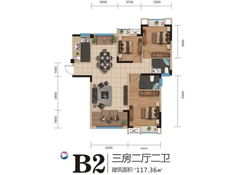 时代天街3室2厅2卫117.4㎡户型图