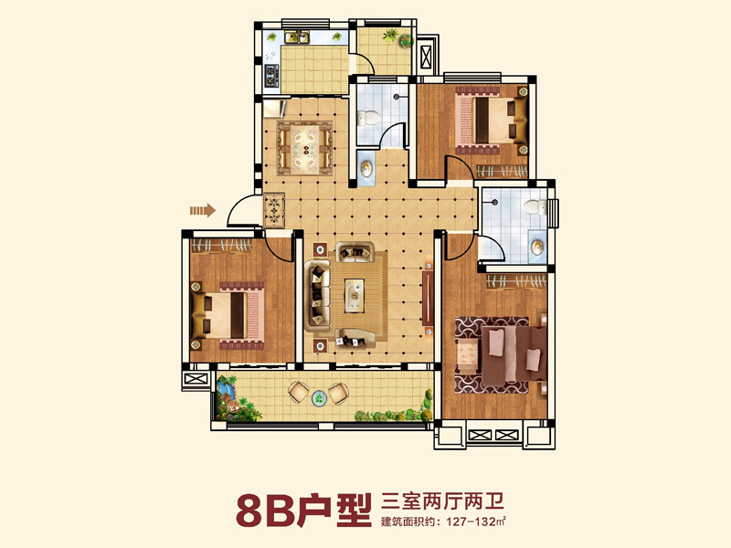 靖业格林小镇3室2厅2卫127㎡户型图