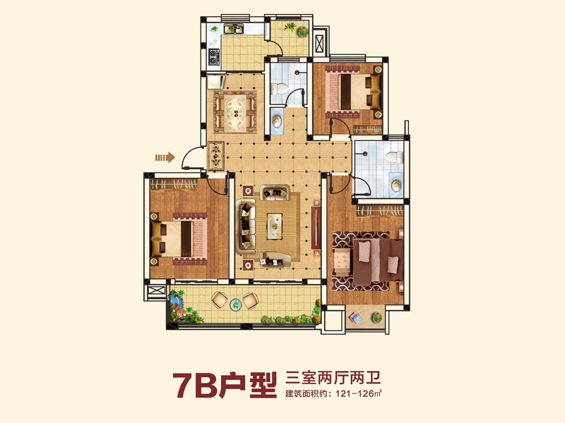 靖业格林小镇3室2厅2卫121㎡户型图