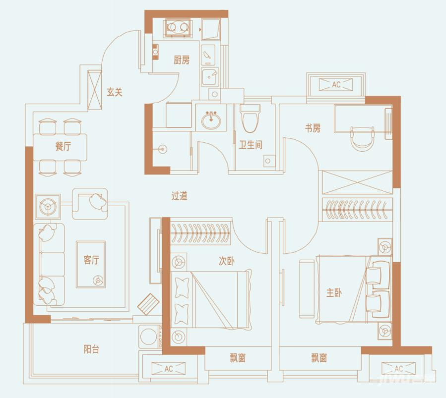 阳光城丽景公园3室2厅1卫88㎡户型图