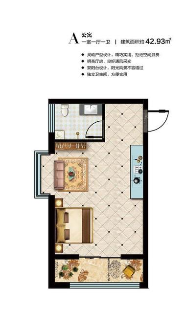 华英时光里1室1厅1卫42.9㎡户型图