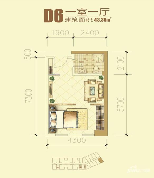 世纪阳光1室1厅1卫43.4㎡户型图