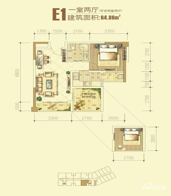 世纪阳光1室1厅1卫64.9㎡户型图