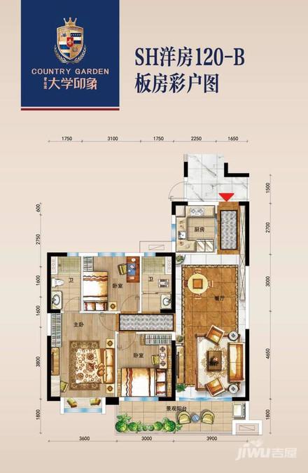 碧桂园大学印象3室2厅2卫120㎡户型图