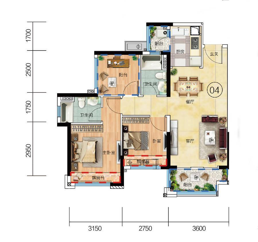 侨城颐景园3室2厅2卫88.4㎡户型图