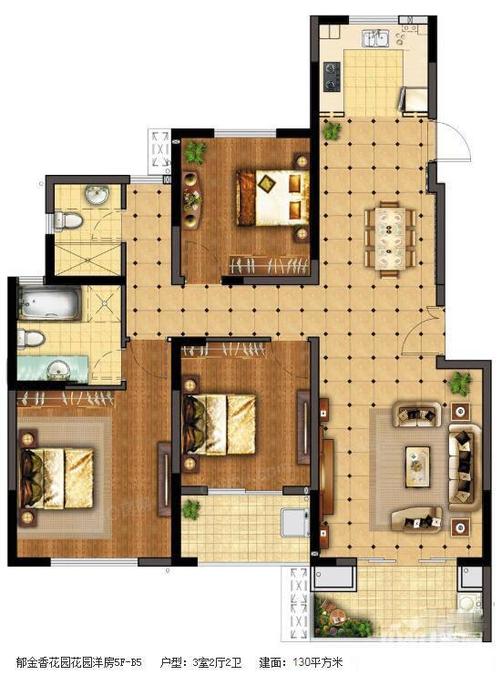 郁金香花园3室2厅2卫130㎡户型图