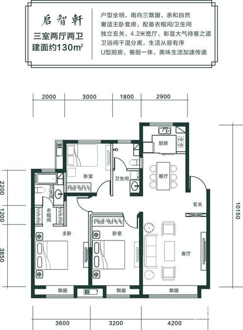 中天翰林诚品3室2厅2卫129㎡户型图