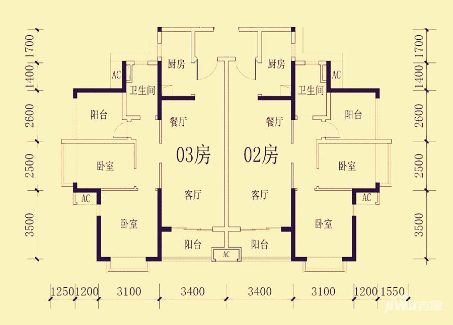 金地艺境天成3室2厅1卫85㎡户型图