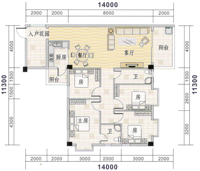 绿景新邨4室2厅2卫138.2㎡户型图