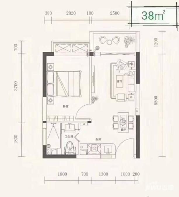 中洲理想仓1室2厅1卫38㎡户型图