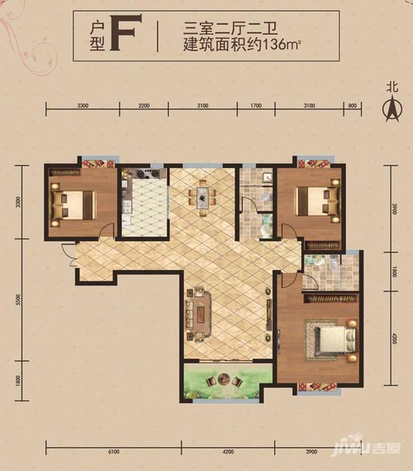 广厦汉山公馆3室2厅2卫136㎡户型图