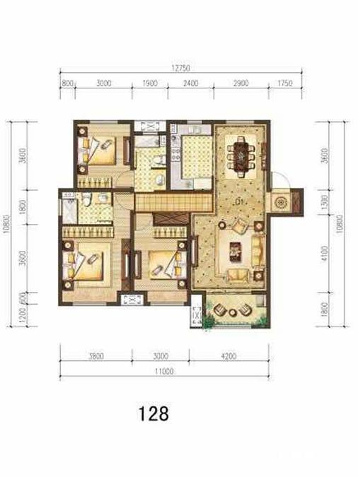 中建锦绣珑湾3室2厅2卫128㎡户型图