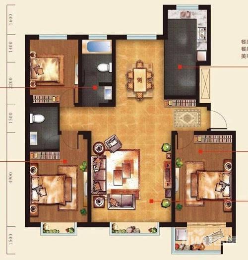 中晨天玺3室2厅2卫128㎡户型图