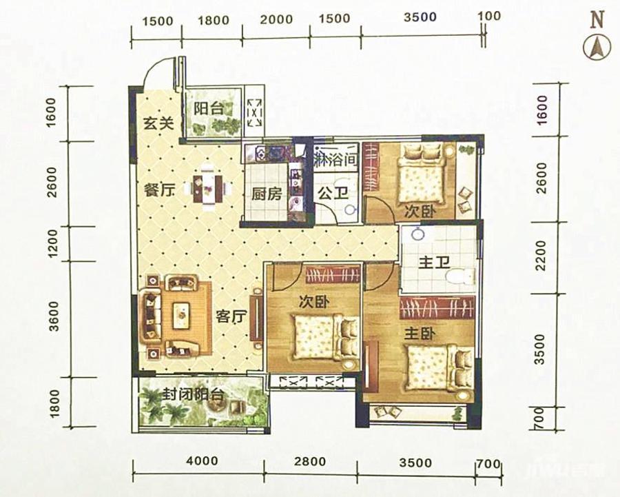 嘉湖君悦3室2厅2卫110㎡户型图