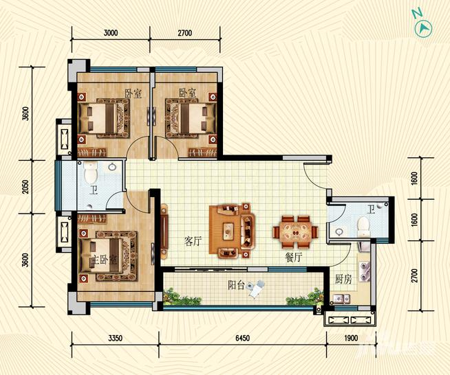 君山新城3室2厅2卫91㎡户型图