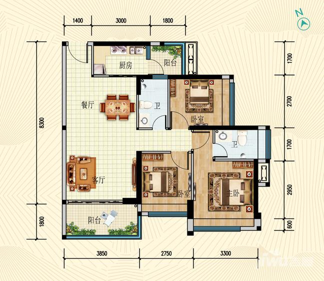 君山新城3室2厅2卫90㎡户型图