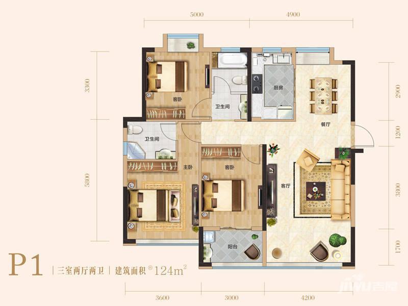 襄陽民發漢江一品1地塊p1戶型戶型圖_首付金額_3室2廳2衛_124.