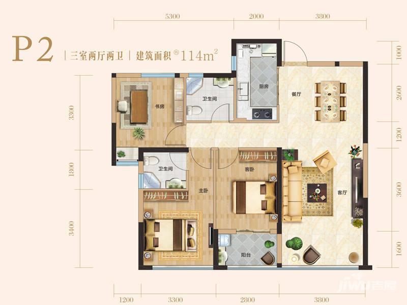 民发汉江一品3室2厅2卫114㎡户型图