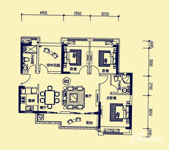 万冠广场3室2厅2卫107㎡户型图