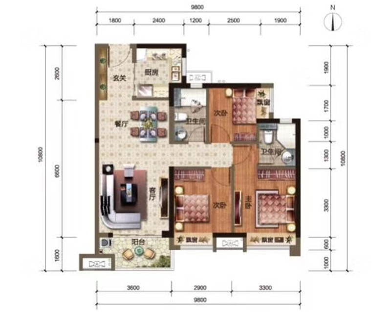 美的卓越公园天誉3室2厅2卫96㎡户型图