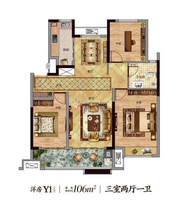 固镇华地公馆3室2厅1卫106㎡户型图