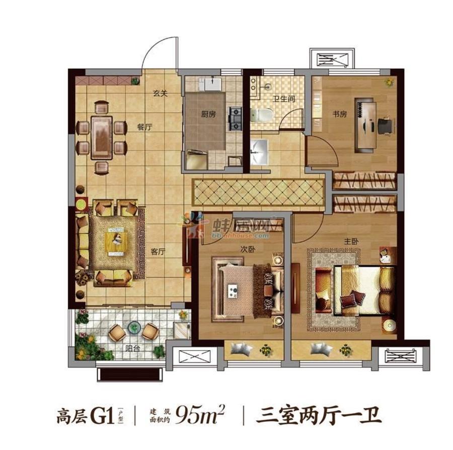 蚌埠固镇华地公馆固镇华地公高层g1户型 三房两厅一卫 建筑面积约95㎡